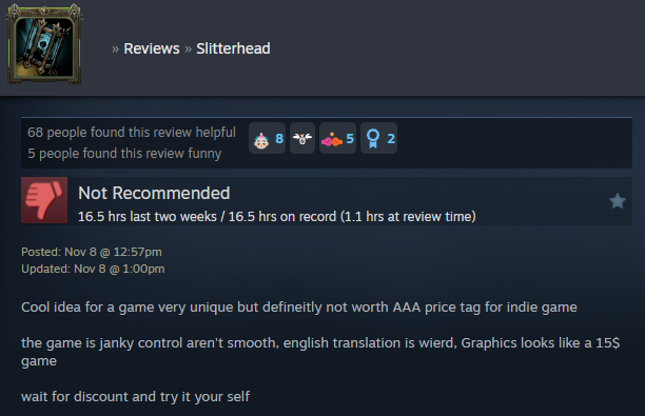 Screenshot showing a Steam user review of Slitterhead.